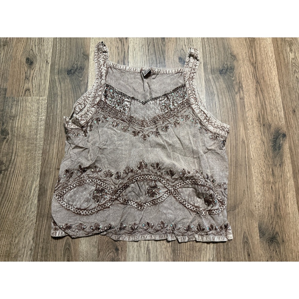 Shore Line Shirts Womens Size One Size Brown Tank Beaded Embroidered Tie Back